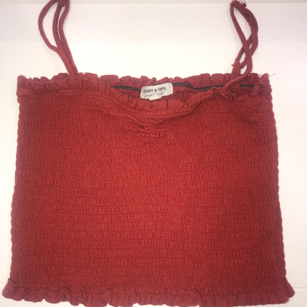 Cropped burgundy ribbed spaghetti strap tank top